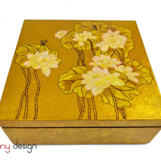 Gold square lacquer box hand-painted with lotus 16*H6 cm